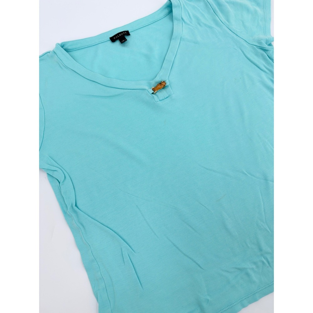 Talbots Shirt V Neck Bamboo Detail Modern Women Size Small Aqua Blue Supima Knit